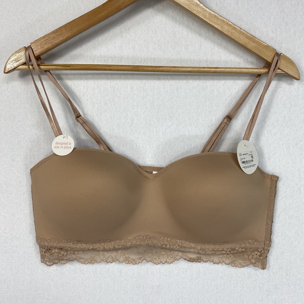 Flirtitude Women XL Bandeau Bra Nude Beige Lace Removable Straps Molded Cups